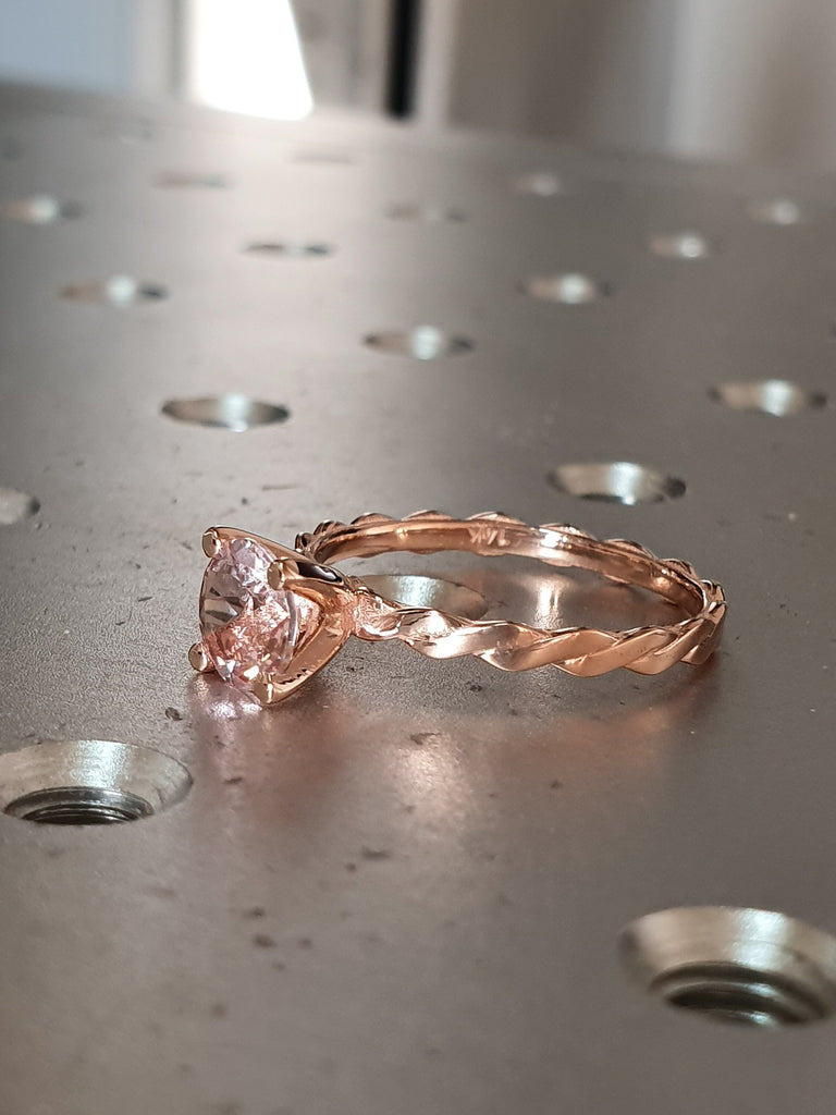 Morganite Ring, Minimalist Twist Ring, Solid 14k Rose Gold Morganite Engagement Ring, Braided Ring, Unique Engagement Ring