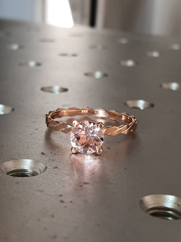 Morganite Ring, Minimalist Twist Ring, Solid 14k Rose Gold Morganite Engagement Ring, Braided Ring, Unique Engagement Ring