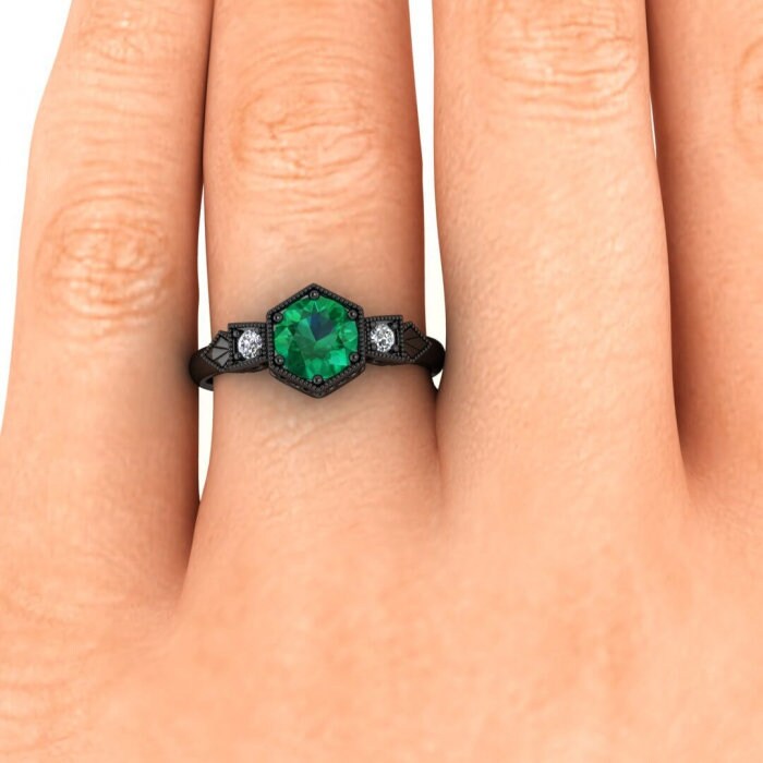 Black Gold Vintage Style Hexagon Emerald And Diamond Ring , Milgrain,Hexagon Setting,love Chain Gallery,Pave Accents