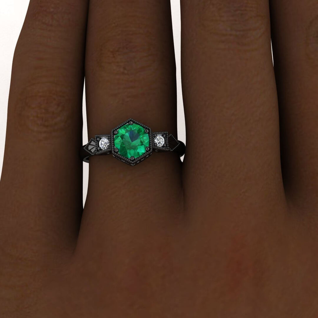 Black Gold Vintage Style Hexagon Emerald And Diamond Ring , Milgrain,Hexagon Setting,love Chain Gallery,Pave Accents