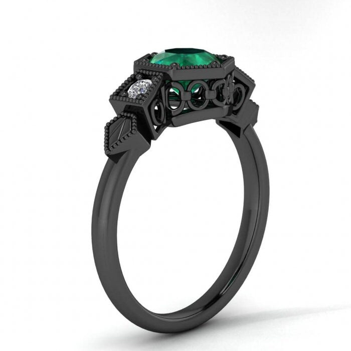 Black Gold Vintage Style Hexagon Emerald And Diamond Ring , Milgrain,Hexagon Setting,love Chain Gallery,Pave Accents