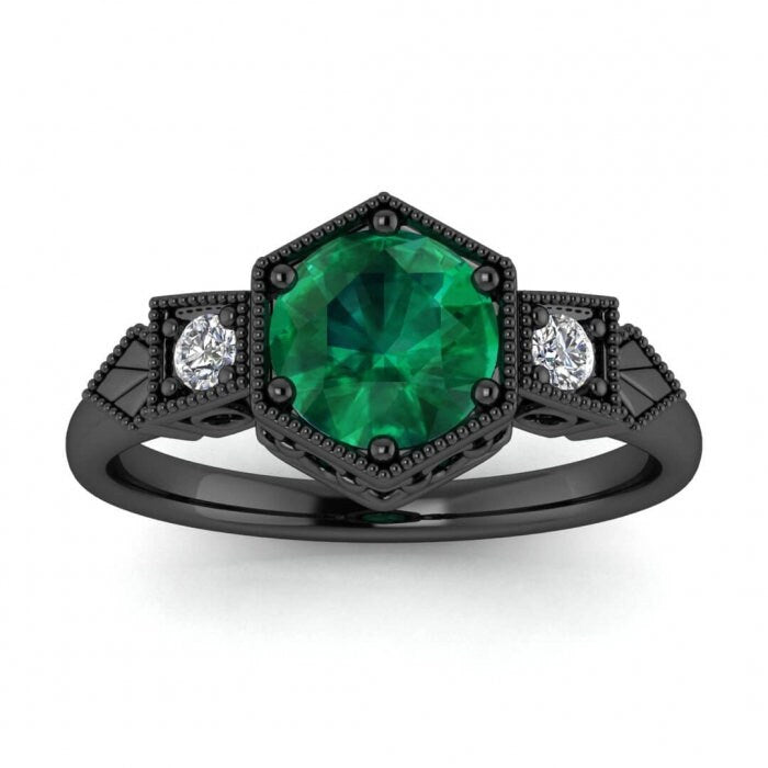 Black Gold Vintage Style Hexagon Emerald And Diamond Ring , Milgrain,Hexagon Setting,love Chain Gallery,Pave Accents