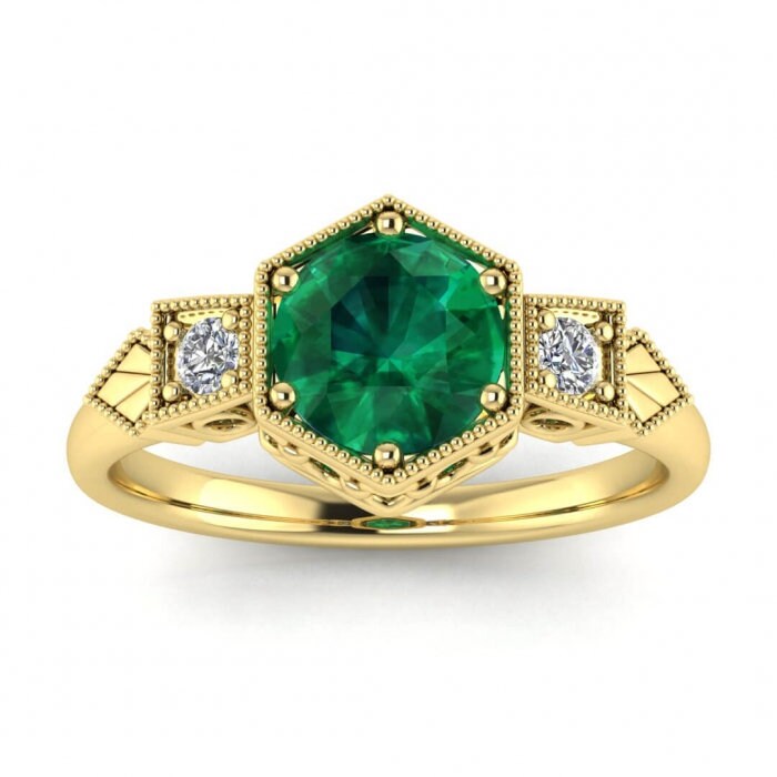 Black Gold Vintage Style Hexagon Emerald And Diamond Ring , Milgrain,Hexagon Setting,love Chain Gallery,Pave Accents