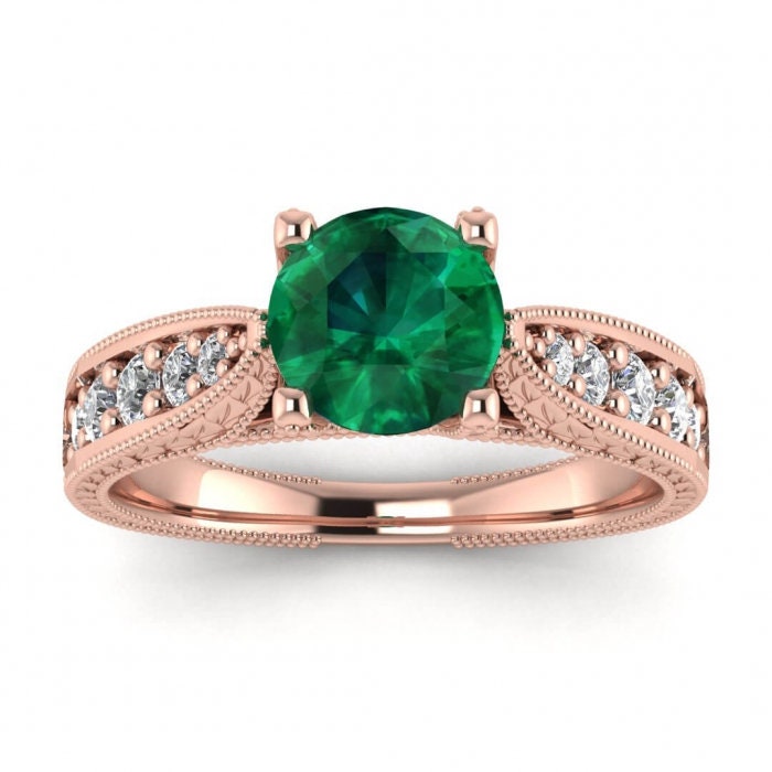 Rose Gold Vintage Floral Engraving Emerald And Diamond Ring (1/3 Ct. Tw.) Channel Pave Accent Leaves Engraving intertwined Prongs Elke