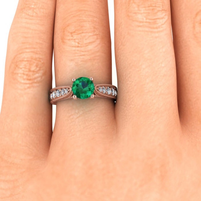 Rose Gold Vintage Floral Engraving Emerald And Diamond Ring (1/3 Ct. Tw.) Channel Pave Accent Leaves Engraving intertwined Prongs Elke