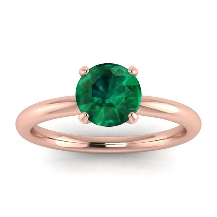 Rose Gold Classic Emerald Solitaire Ring Classic Petite Band, Modern Engagement Ring Maja