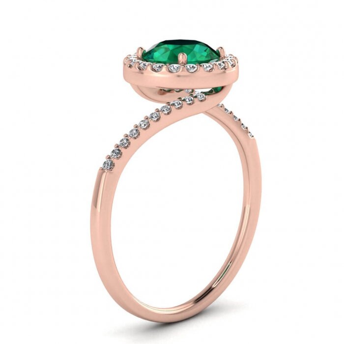 Rose Gold Petite Halo Emerald And Diamond Ring (1/7 Ct. Tw.) Shared Prong Pave Unique Halo Petite Band Delicate Band Paved Band Swirl