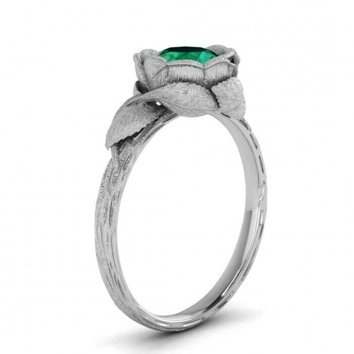 White Gold Brushed Emerald Engagement Ring Floral Ring Vintage Lotus Engagement Ring Abelia