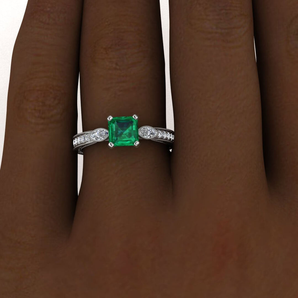 White Gold Vintage Marquise Accents Asscher Cut Emerald And Diamond Ring (1/3 Ct. Tw.) Marquise Accent Gems Wheat Hand Engraving Allegria