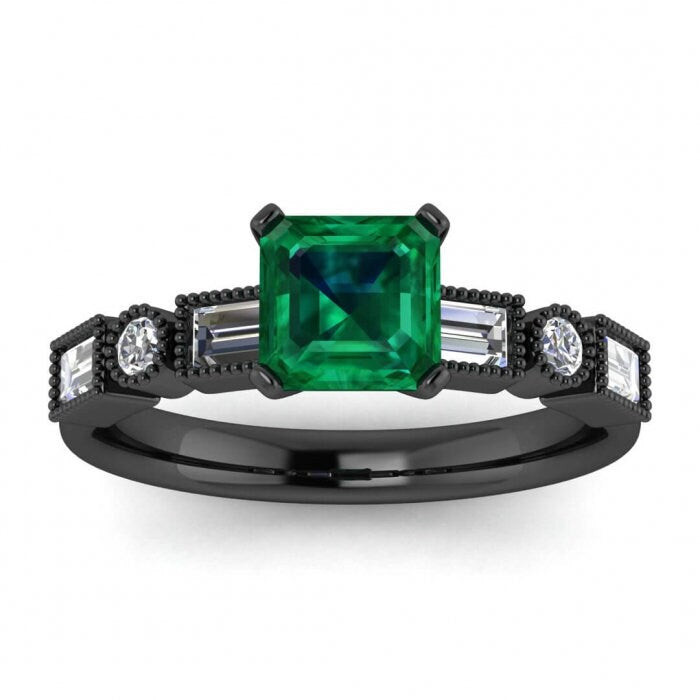 White Gold Asscher Cut Emerald And Diamond Baguette Ring (3/5 Ct. Tw.) Round And Baguette Gems Beaded Milgrain High Profile Setting Amara