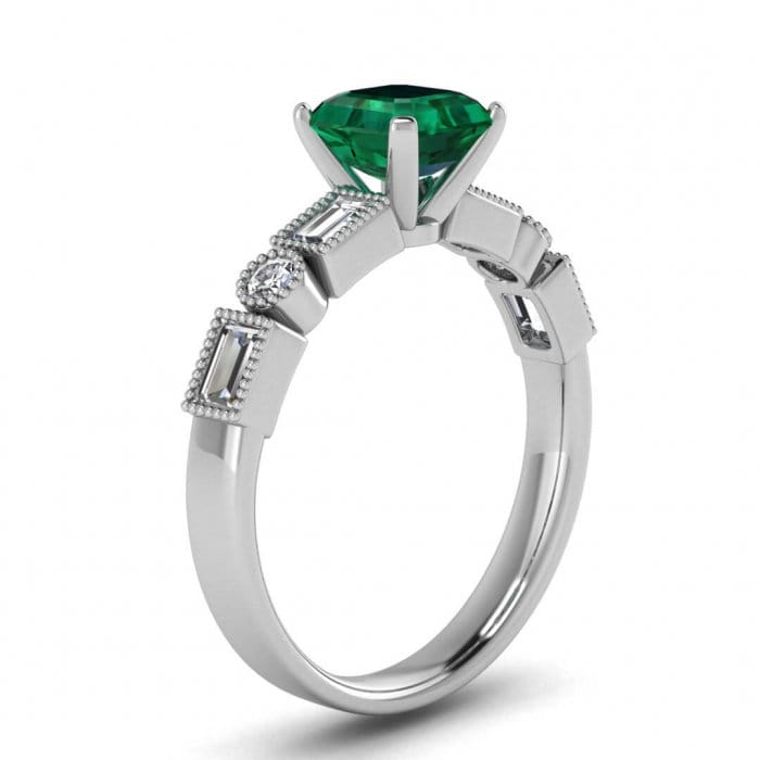 White Gold Asscher Cut Emerald And Diamond Baguette Ring (3/5 Ct. Tw.) Round And Baguette Gems Beaded Milgrain High Profile Setting Amara