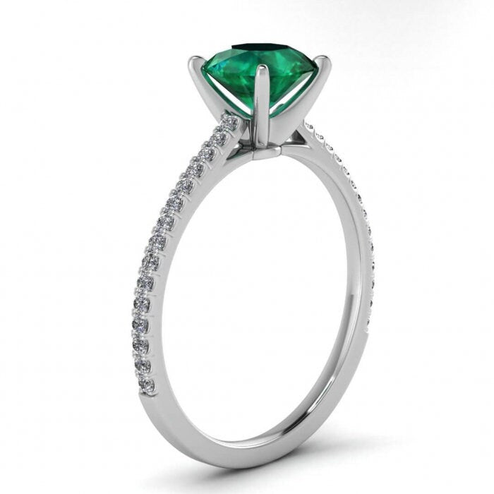 White Gold Micro Pave Emerald And Diamond Engagement Ring (1/6 Ct. Tw.) Micro Pave Accents Prongs Setting Center Gemstone Anahi