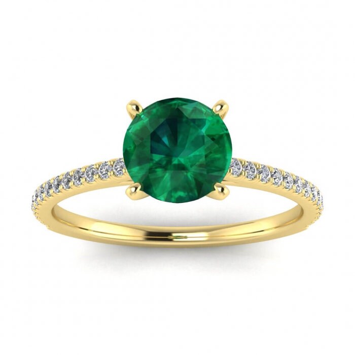 White Gold Micro Pave Emerald And Diamond Engagement Ring (1/6 Ct. Tw.) Micro Pave Accents Prongs Setting Center Gemstone Anahi