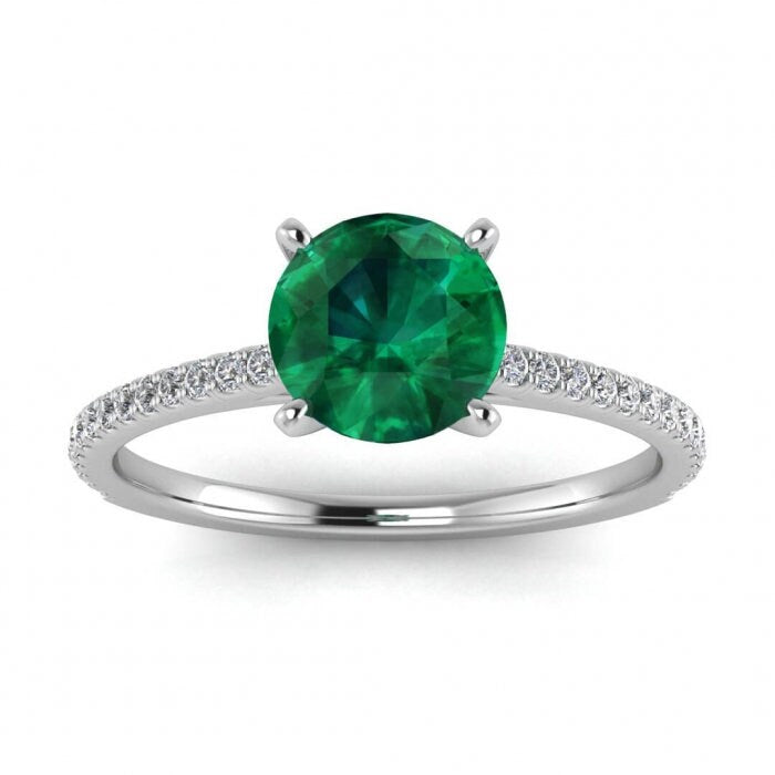 White Gold Micro Pave Emerald And Diamond Engagement Ring (1/6 Ct. Tw.) Micro Pave Accents Prongs Setting Center Gemstone Anahi