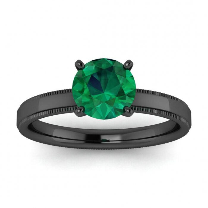 White Gold Emerald Milgrained Engagement Ring Stepped Band Milgrained High Profile Prongs Aubrey