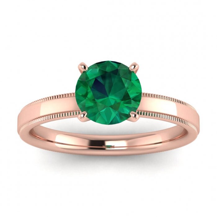 White Gold Emerald Milgrained Engagement Ring Stepped Band Milgrained High Profile Prongs Aubrey