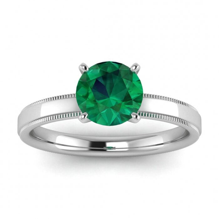 White Gold Emerald Milgrained Engagement Ring Stepped Band Milgrained High Profile Prongs Aubrey