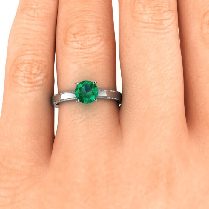 White Gold Emerald Milgrained Engagement Ring Stepped Band Milgrained High Profile Prongs Aubrey