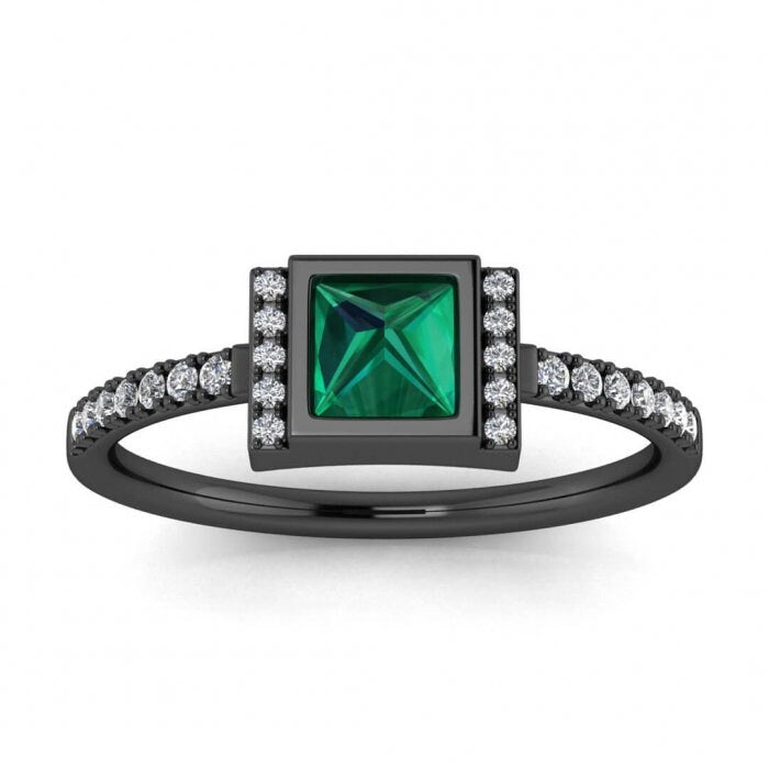 White Gold Upside Down Princess Cut Emerald And Diamond Ring (1/7 Ct. Tw.) High Profile Setting Split Shank Prong Setting Aurora