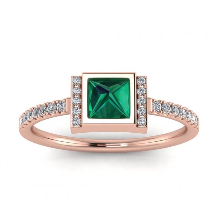 White Gold Upside Down Princess Cut Emerald And Diamond Ring (1/7 Ct. Tw.) High Profile Setting Split Shank Prong Setting Aurora