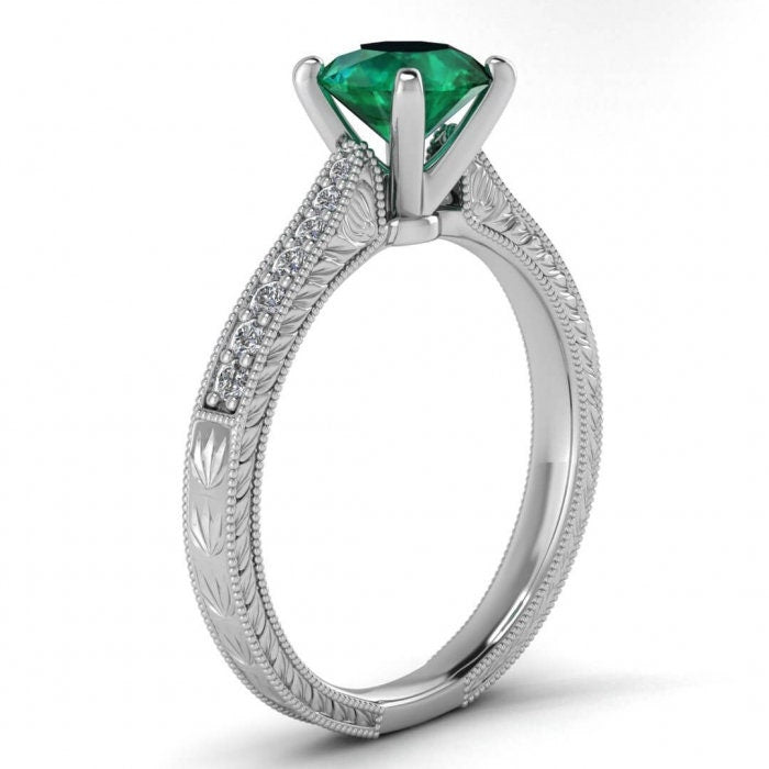 White Gold Hand Engraved Emerald And Diamond Ring (1/8 Ct. Tw.) High Profile Prongs Shared Prongs Pave Milgrain Hand Engraving Aya