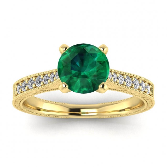 White Gold Hand Engraved Emerald And Diamond Ring (1/8 Ct. Tw.) High Profile Prongs Shared Prongs Pave Milgrain Hand Engraving Aya