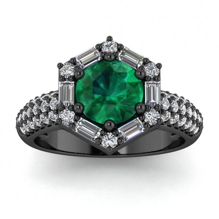 White Gold Vintage Emerald And Diamond Baguette Halo (2/3 Ct. Tw.) Aguette Accent Triple Row Pave Unique Halo Belen