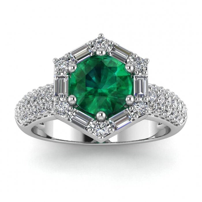 White Gold Vintage Emerald And Diamond Baguette Halo (2/3 Ct. Tw.) Aguette Accent Triple Row Pave Unique Halo Belen