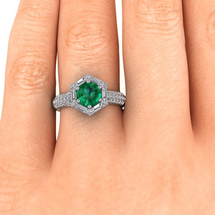 White Gold Vintage Emerald And Diamond Baguette Halo (2/3 Ct. Tw.) Aguette Accent Triple Row Pave Unique Halo Belen