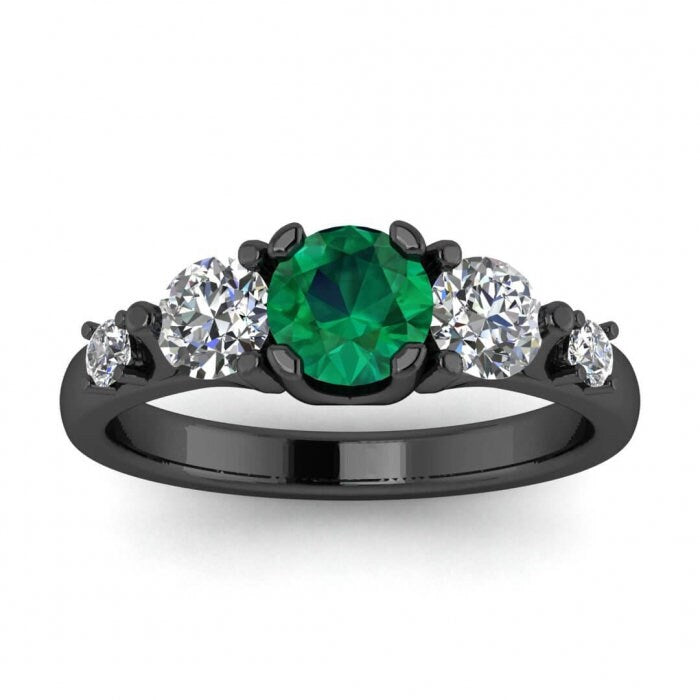 White Gold Three Stone Emerald And Diamond Ring (1/2 Ct. Tw.) Three Stone Setting Engagement Ring High Profile Unique Setting Brianna