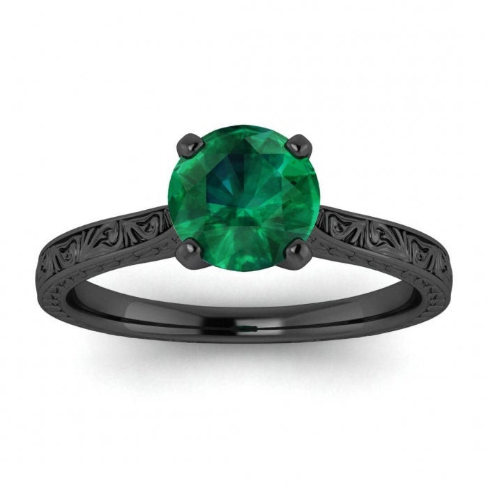 Rose Gold Everleigh Hand Engraved Emerald Ring Cathedral Setting High Profile Prongs Squared Hand Engraving