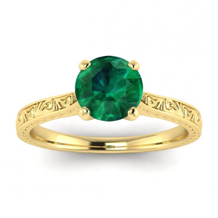 Rose Gold Everleigh Hand Engraved Emerald Ring Cathedral Setting High Profile Prongs Squared Hand Engraving