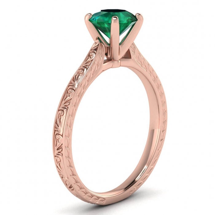 Rose Gold Everleigh Hand Engraved Emerald Ring Cathedral Setting High Profile Prongs Squared Hand Engraving