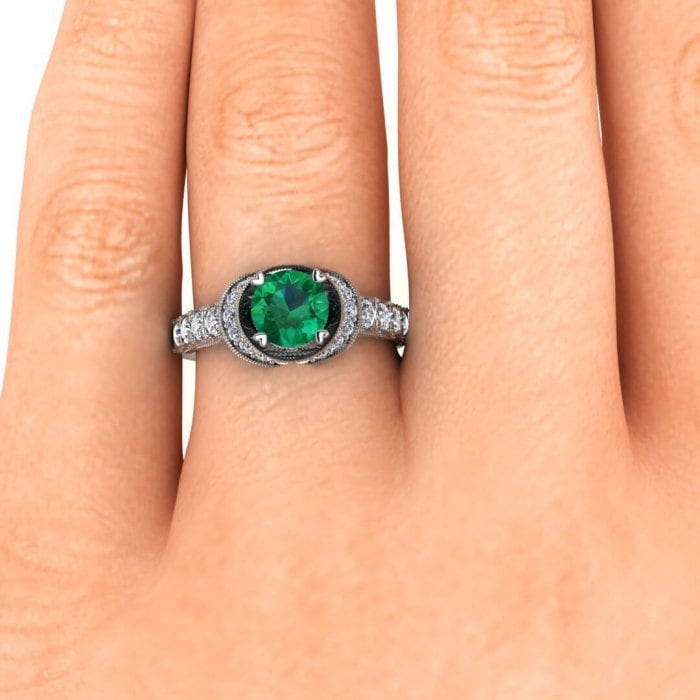 White Gold Emerald And Diamond Ring (3/5 Ct. Tw.) Gemstone Wrapped Gallery Halo Hearted Prongs Milgrains Gemstone Pave Setting Celeste