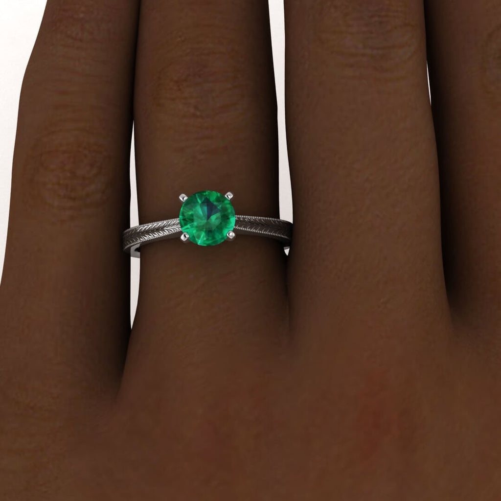 White Gold Milgrained Emerald Ring Cathedral High Profile Prongs Hand Engraving Milgrain Clio