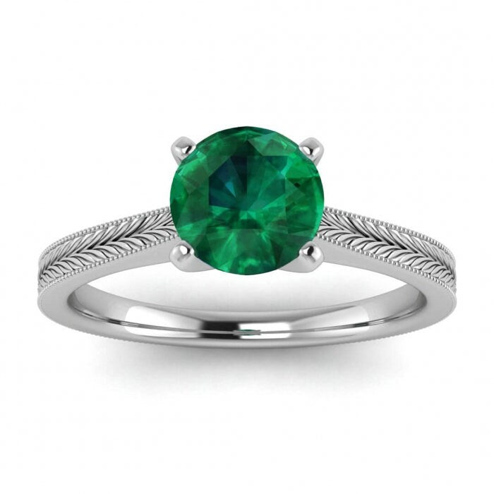 White Gold Milgrained Emerald Ring Cathedral High Profile Prongs Hand Engraving Milgrain Clio