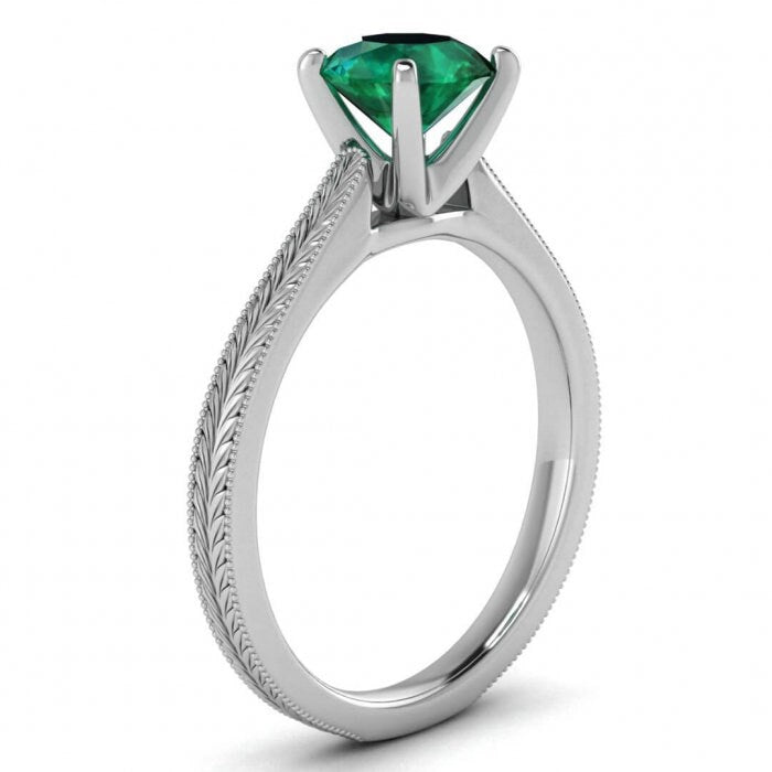 White Gold Milgrained Emerald Ring Cathedral High Profile Prongs Hand Engraving Milgrain Clio