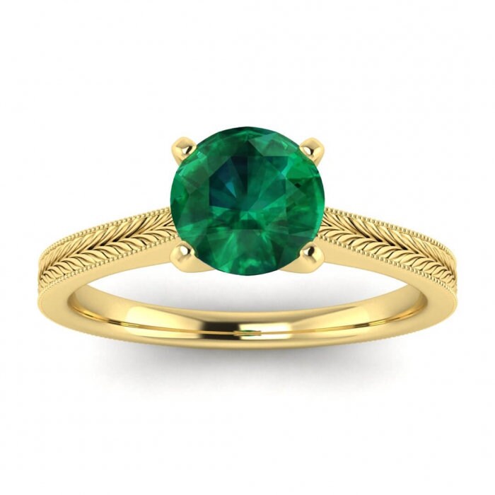 White Gold Milgrained Emerald Ring Cathedral High Profile Prongs Hand Engraving Milgrain Clio