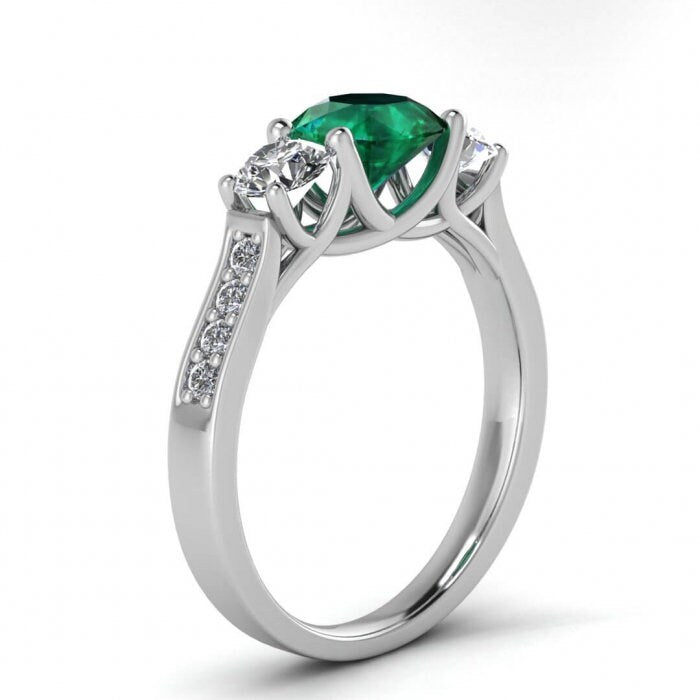 White Gold Paved 3 Emerald And Diamond Ring (3/5 Ct. Tw.) Basket Setting Prongs Setting Open Gallery Pave Side Dawn