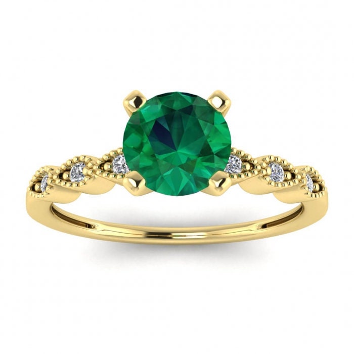 White Gold Dot Vintage Emerald And Diamond Engagement Ring Pear Shaped Milgrain Gem Accents Dotted Finish Delicate Prong Setting Thin Band