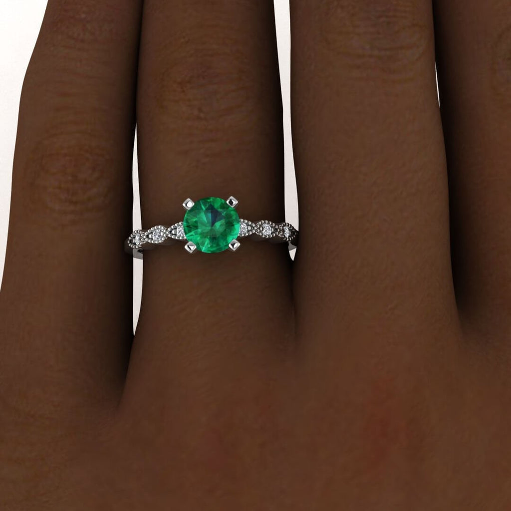 White Gold Dot Vintage Emerald And Diamond Engagement Ring Pear Shaped Milgrain Gem Accents Dotted Finish Delicate Prong Setting Thin Band