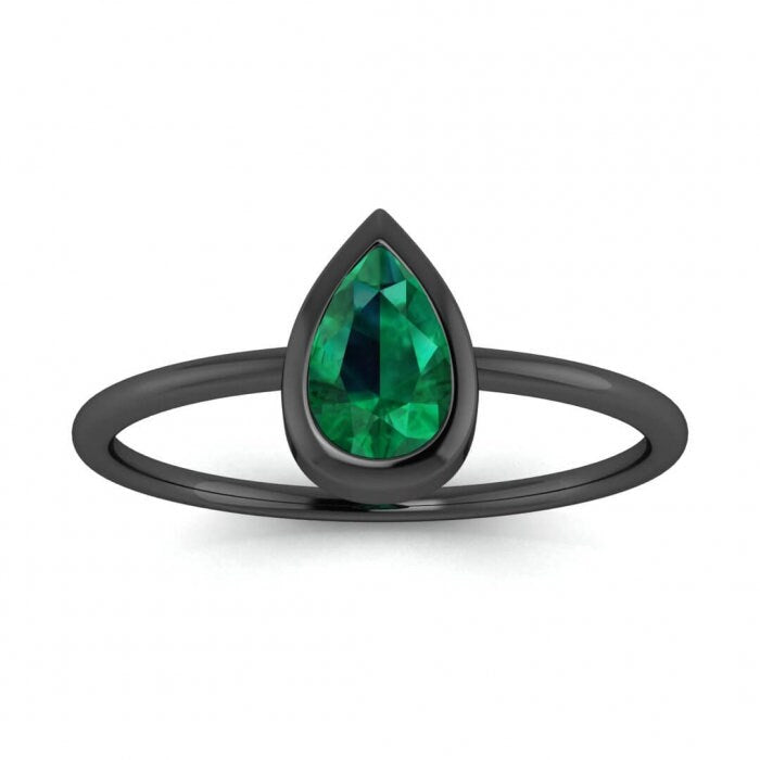 White Gold Drop Pear Shaped Emerald Engagement Ring Thin Band Pear Shaped Gemstone Bezel Setting Delicate Ring