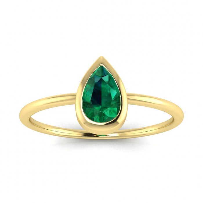 White Gold Drop Pear Shaped Emerald Engagement Ring Thin Band Pear Shaped Gemstone Bezel Setting Delicate Ring