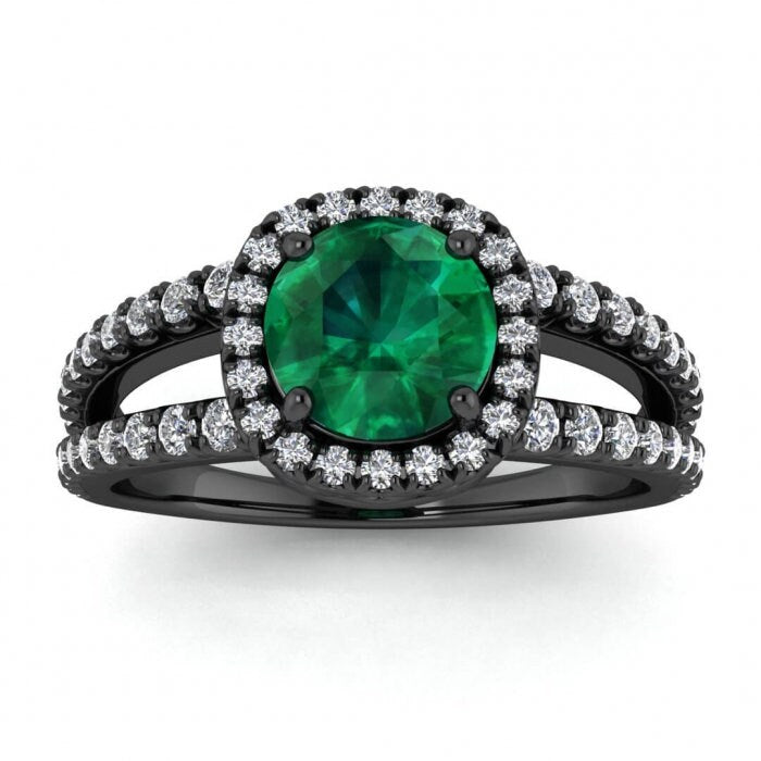 White Gold Unique Double Band Emerald And Diamond Halo (3/7 Ct. Tw.) Arched Gallery French Pave Halo Split Shank Pave Elara