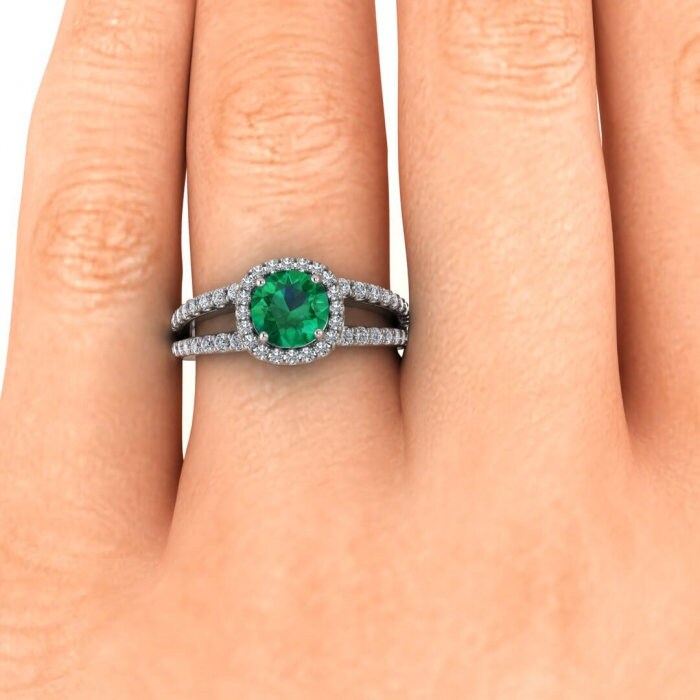 White Gold Unique Double Band Emerald And Diamond Halo (3/7 Ct. Tw.) Arched Gallery French Pave Halo Split Shank Pave Elara