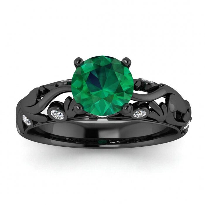 White Gold Unique Emerald And Diamond Engagement Ring (1/7 Ct. Tw.) Filigree Floral Band Bezel Set Accent Gems Hidden Gem Set Gallery Elodie