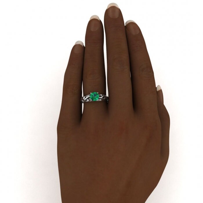 White Gold Unique Emerald And Diamond Engagement Ring (1/7 Ct. Tw.) Filigree Floral Band Bezel Set Accent Gems Hidden Gem Set Gallery Elodie