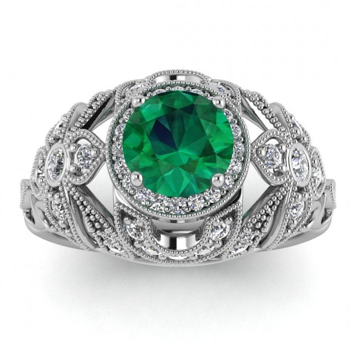 White Gold Halo Antique Emerald And Diamond Ring (2/5 Ct. Tw.) Edwardian Style Milgrain Filigree Halo Unique Gallery And Shoulders Domed Eva