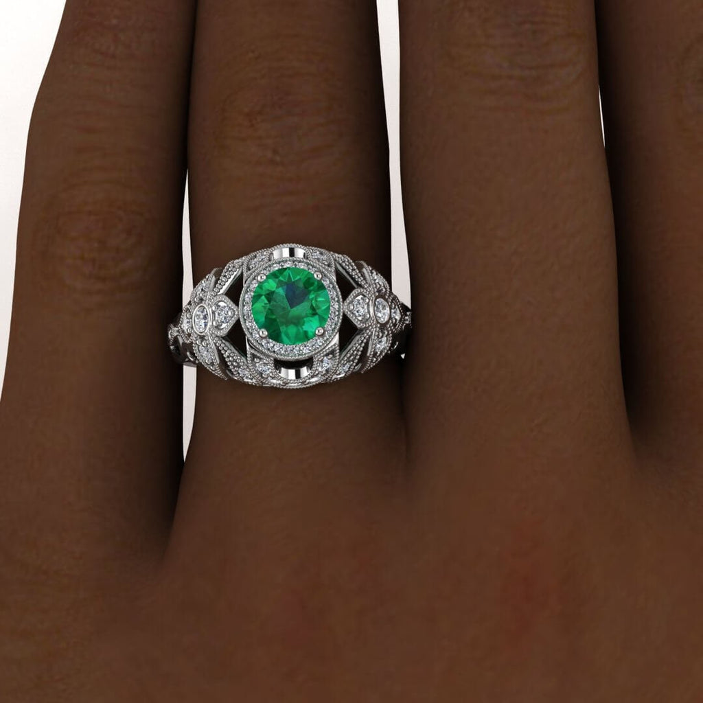 White Gold Halo Antique Emerald And Diamond Ring (2/5 Ct. Tw.) Edwardian Style Milgrain Filigree Halo Unique Gallery And Shoulders Domed Eva