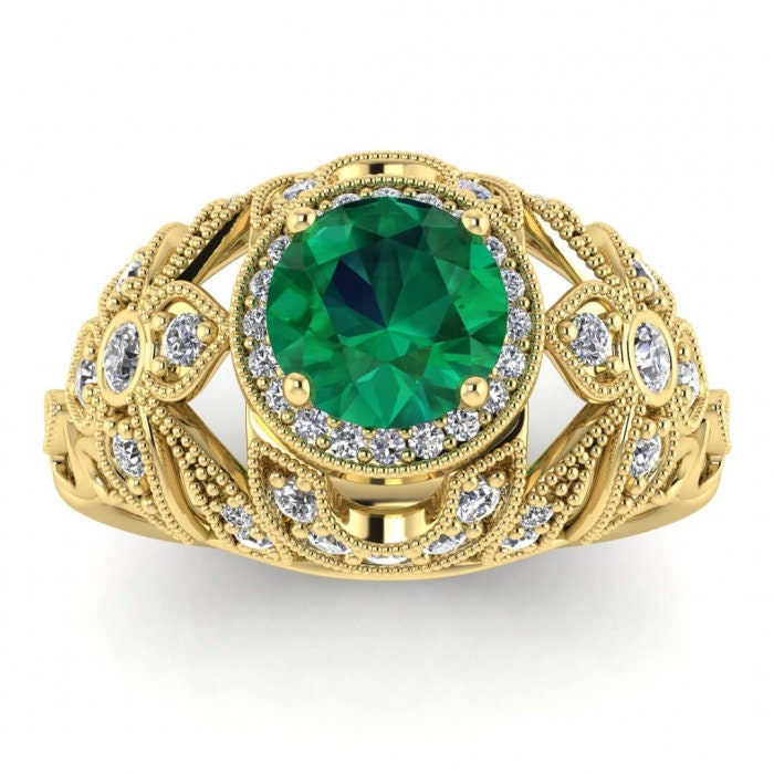 White Gold Halo Antique Emerald And Diamond Ring (2/5 Ct. Tw.) Edwardian Style Milgrain Filigree Halo Unique Gallery And Shoulders Domed Eva